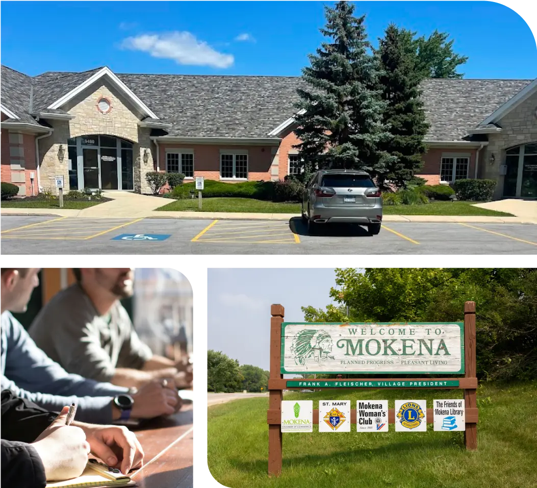 Mccabe & Associates Mokena Office and the Mokena Town Sign