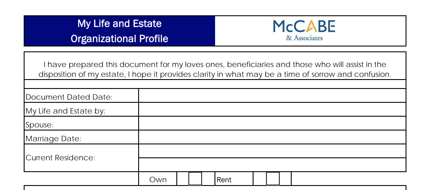 screenshot of an estate planning organizer