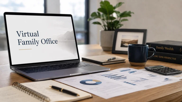 Laptop displaying "Virtual Family Office" on a desk with financial charts