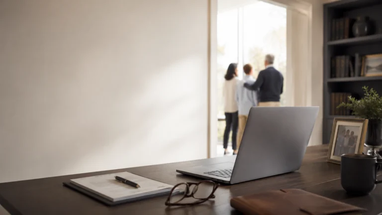 Laptop and notebook on home office desk with family visible through glass doors in background